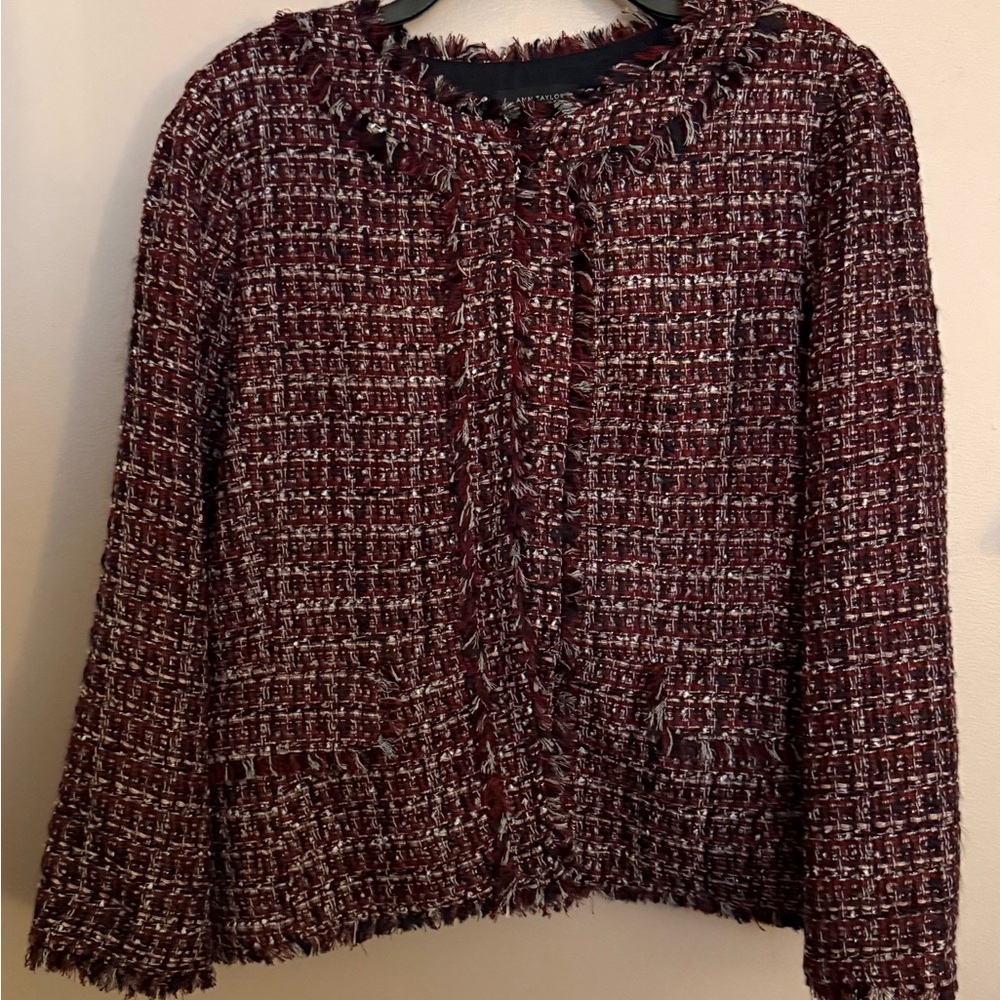 ANN TAYLOR WOMEN'S SIZE 12 TWEED FRINGE BLAZER JACKET MULTI-COLOR HOOK & EYE
